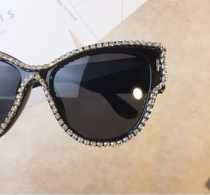 Luxury Women's Round Bling Diamond UV400 Cateye Sunglasses