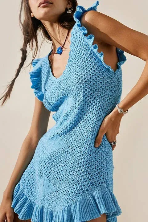 Beach Cover Up Dress with Ruffle Crochet Knit (Low Cut)