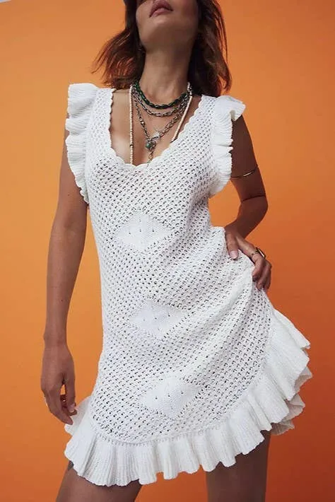 Beach Cover Up Dress with Ruffle Crochet Knit (Low Cut)