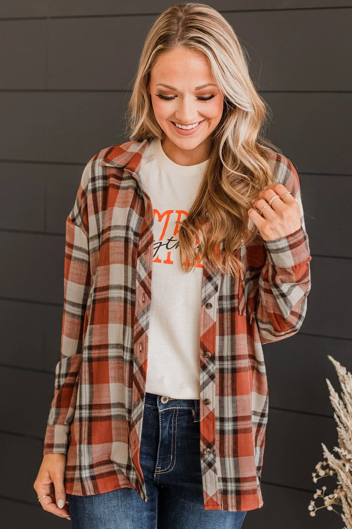 Plaid Button Top-Rust