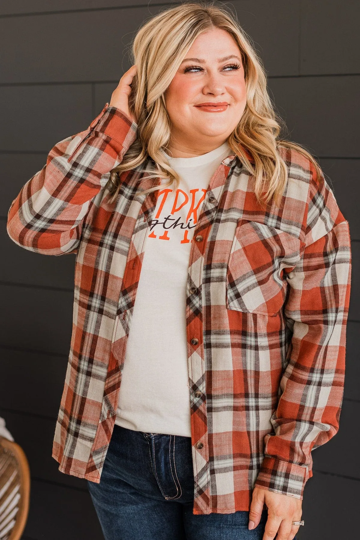 Plaid Button Top-Rust