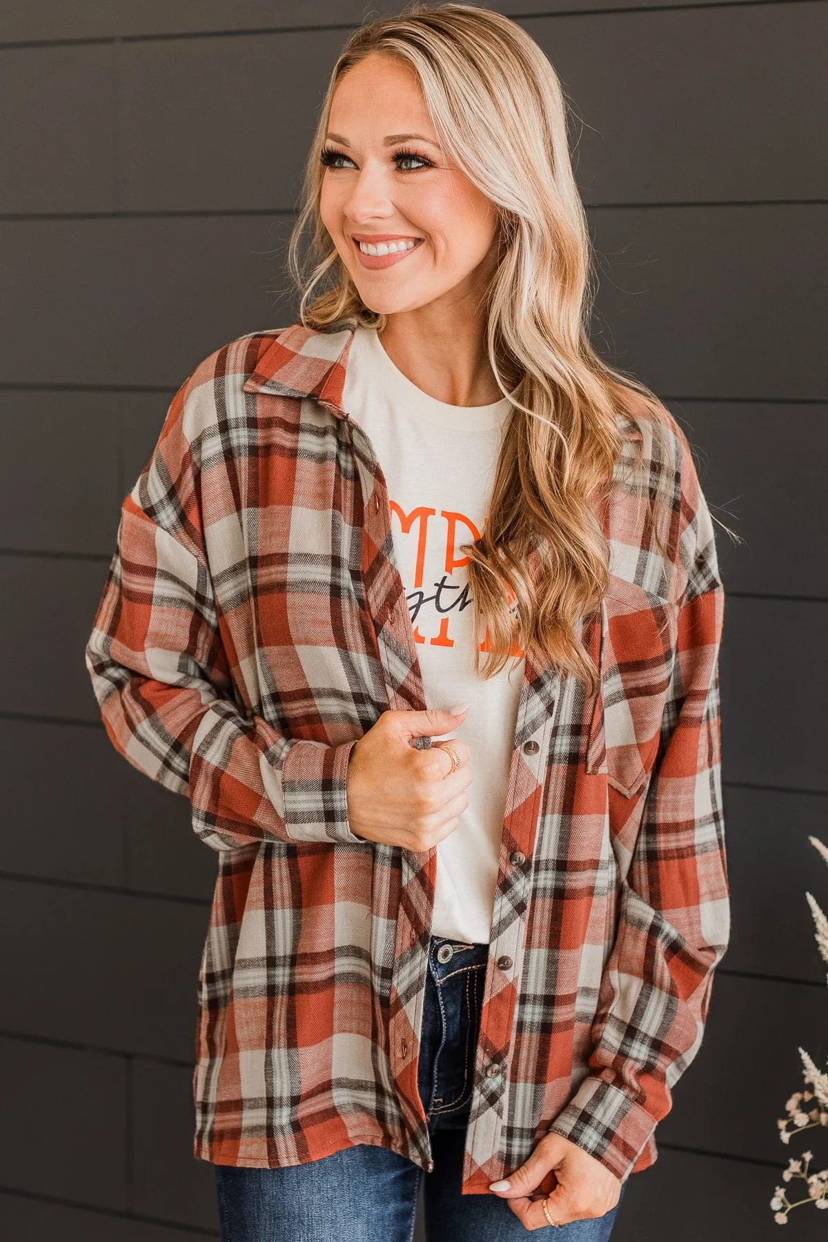 Plaid Button Top-Rust