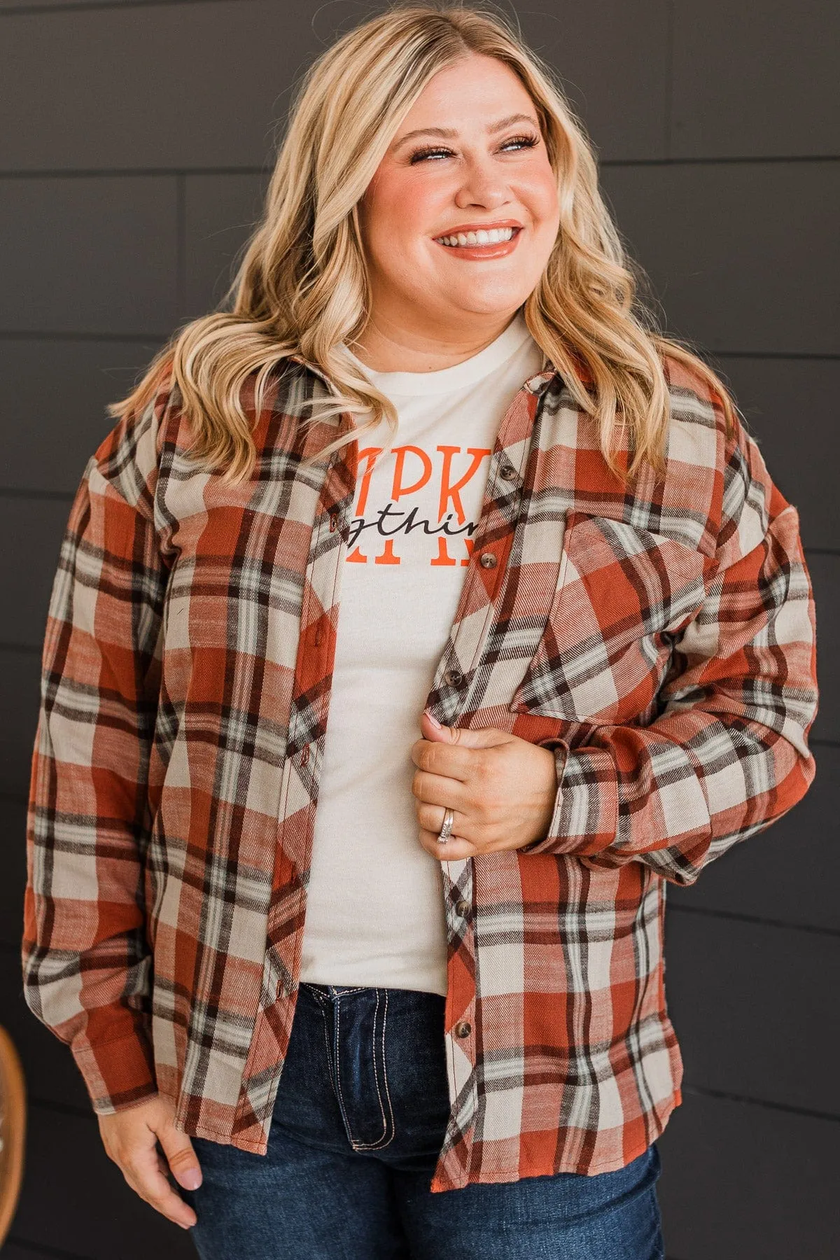 Plaid Button Top-Rust