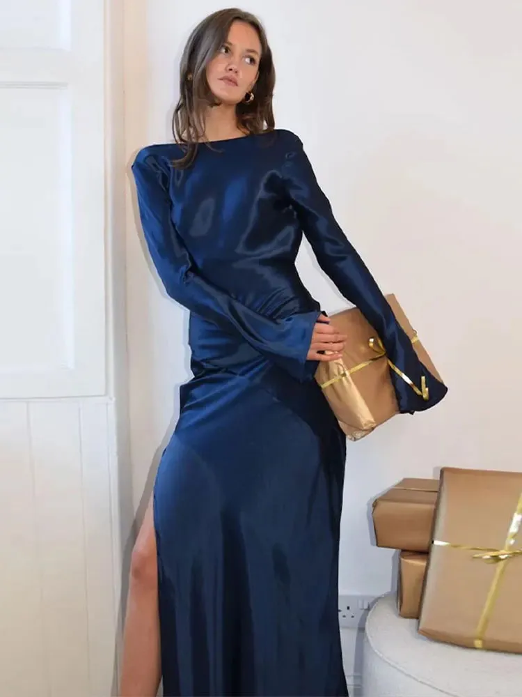 Satin Backless Split Autumn Dress Elegant Ladies Party Dresses