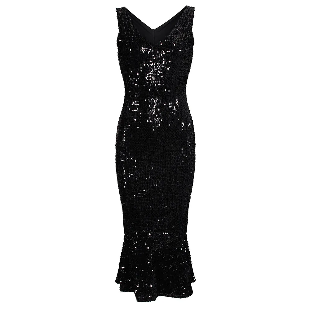 Black Sequin Peplum Wiggle Dress