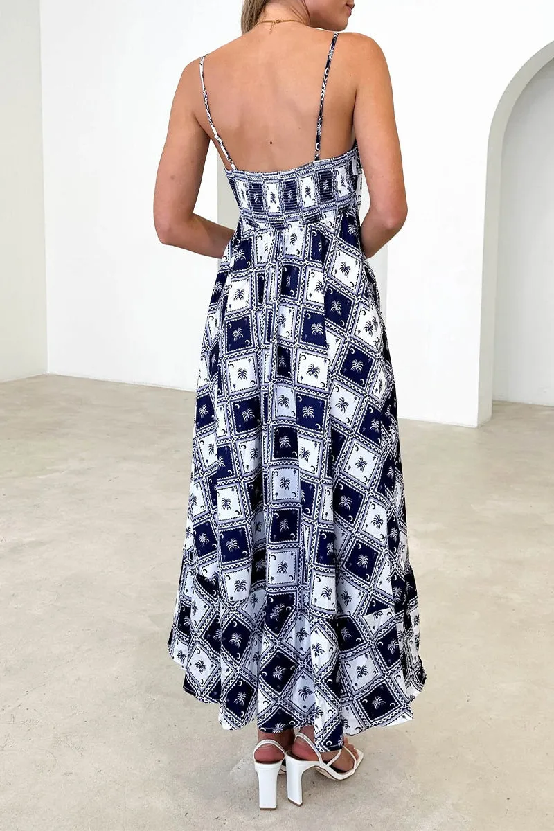 Backless Sling Dresses with Geometric Print Design