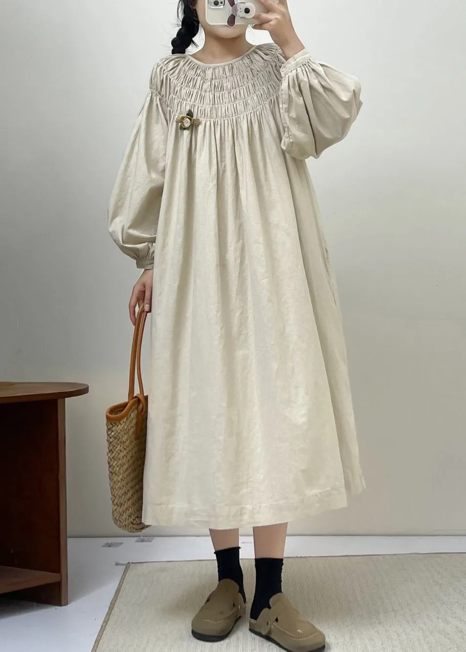 Solid Beige Cotton Dress Long Sleeve Lace Up