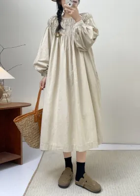 Solid Beige Cotton Dress Long Sleeve Lace Up