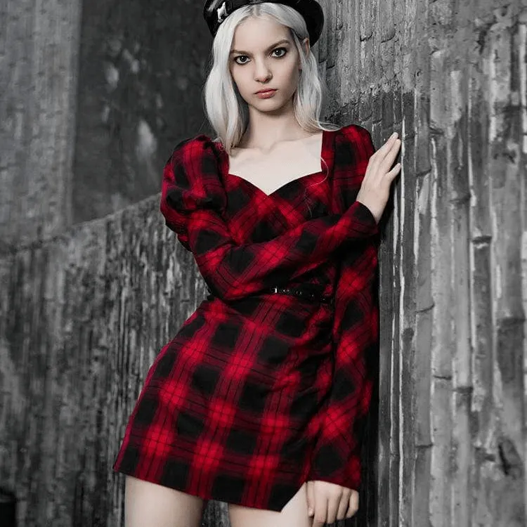 Square Collar Plaid Dresses With Puff Shoulders and Belt