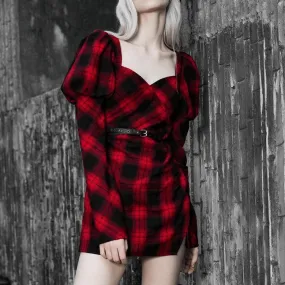 Square Collar Plaid Dresses With Puff Shoulders and Belt