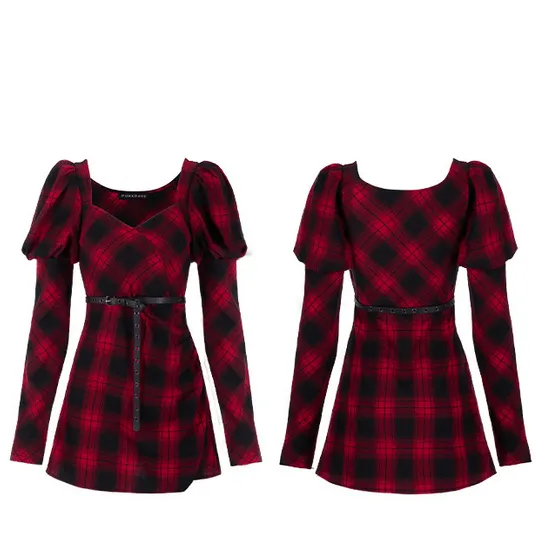 Square Collar Plaid Dresses With Puff Shoulders and Belt