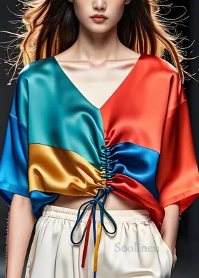 Stylish Colorblock V-Neck Silk Shirts for Summer