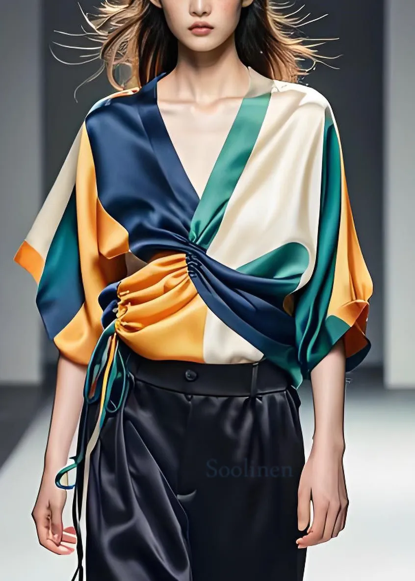 Summer Classy Colorblock V-Neck Silk Blouses