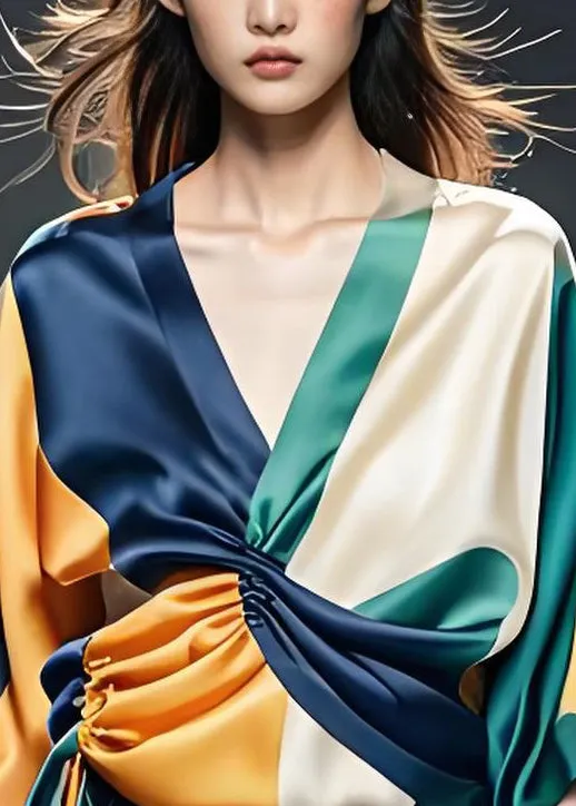 Summer Classy Colorblock V-Neck Silk Blouses