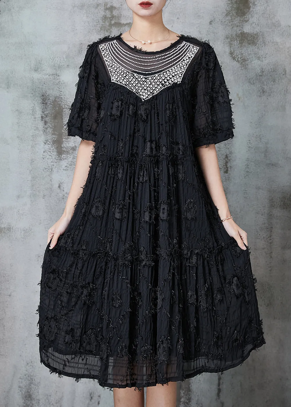 Summer Cotton Dresses with Black Tassels and Zircon