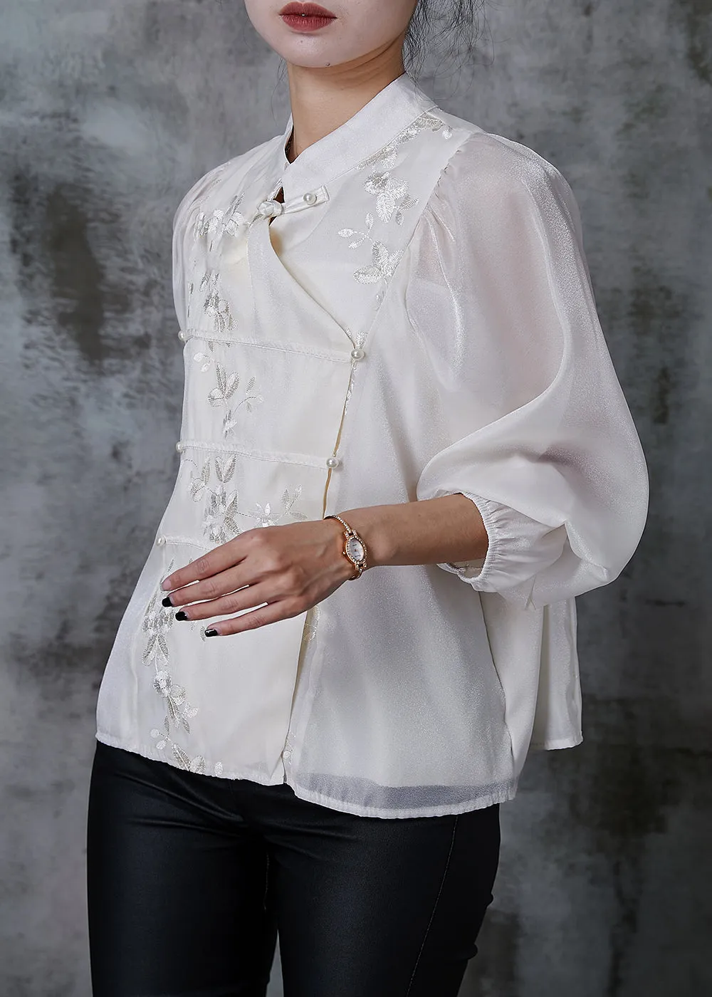 Summer Embroidered White Silk Blouses with Nail Bead Detail