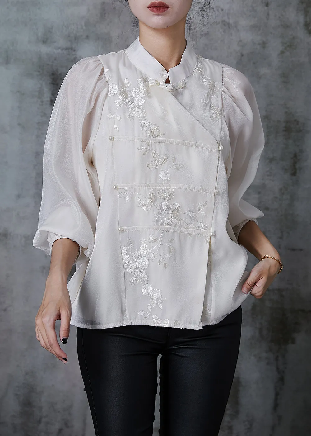 Summer Embroidered White Silk Blouses with Nail Bead Detail