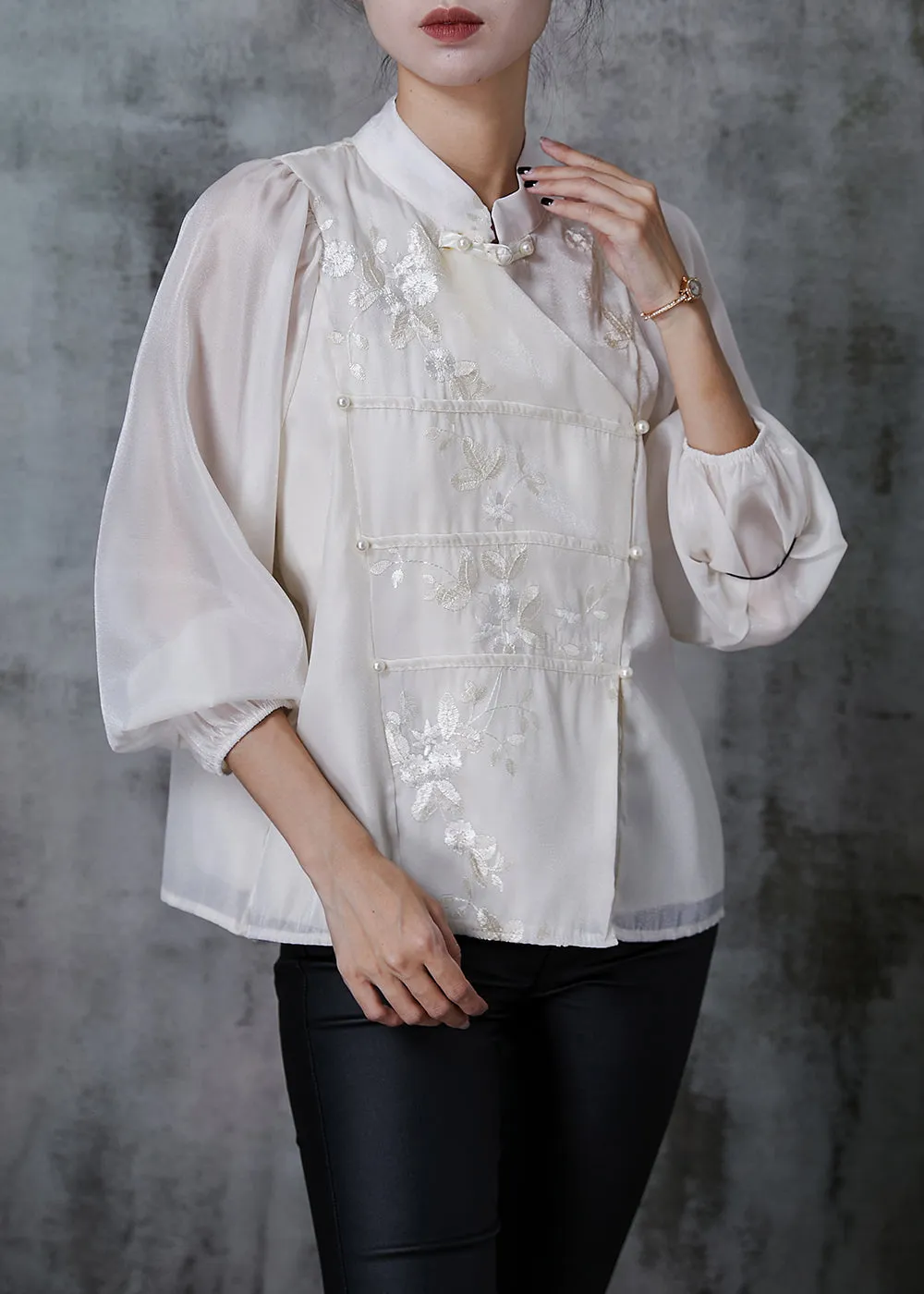 Summer Embroidered White Silk Blouses with Nail Bead Detail