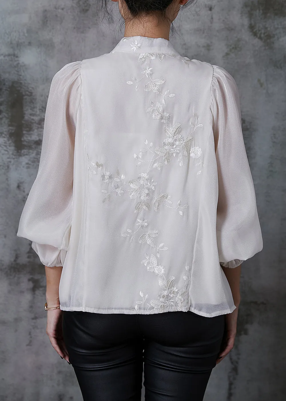 Summer Embroidered White Silk Blouses with Nail Bead Detail