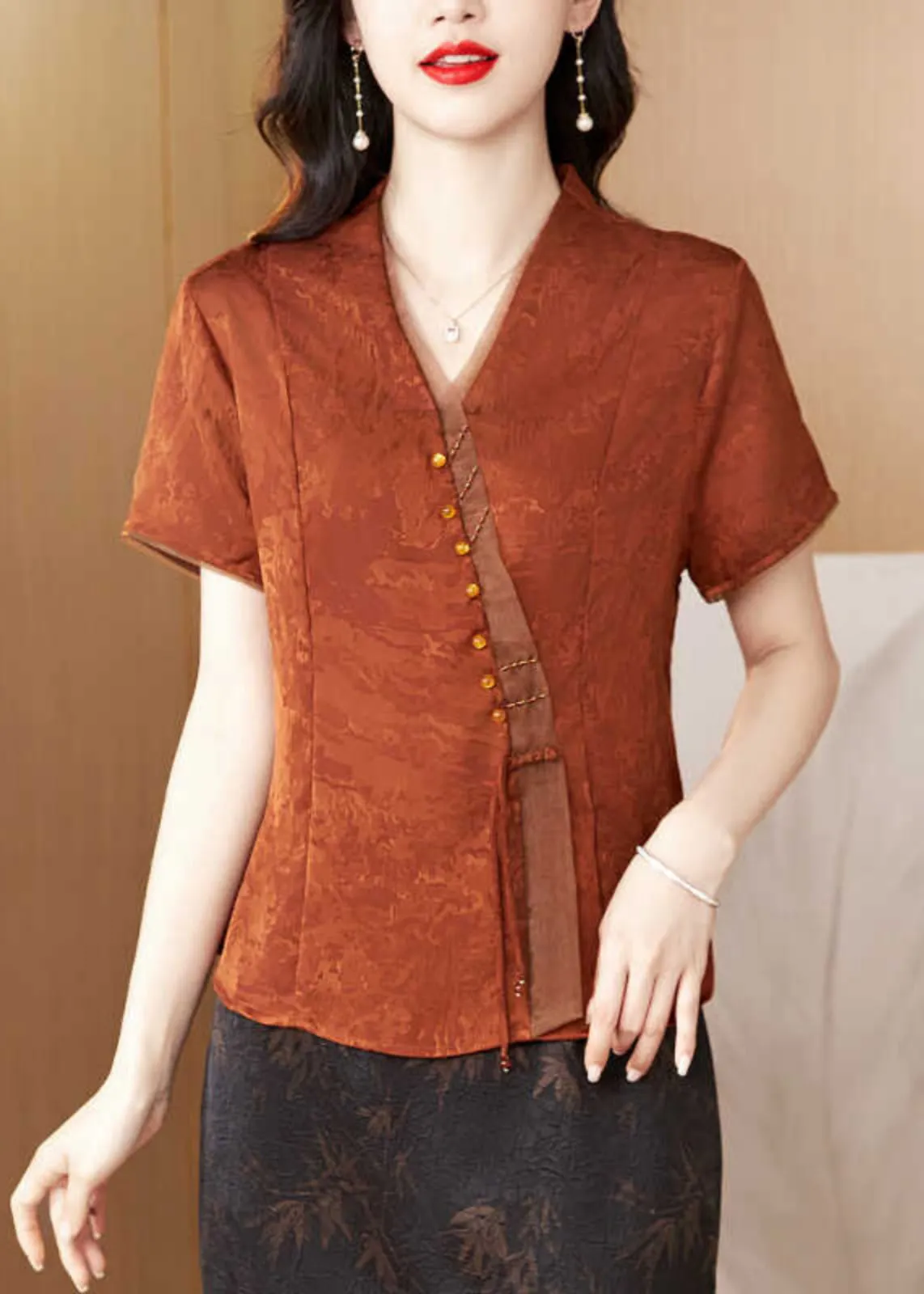 Summer New Brick Red V-Neck Print Silk Blouses