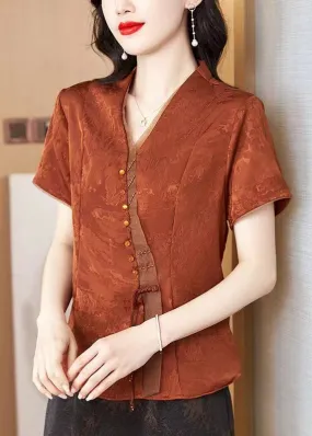 Summer New Brick Red V-Neck Print Silk Blouses