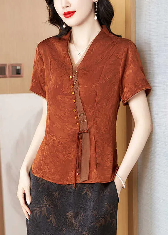 Summer New Brick Red V-Neck Print Silk Blouses