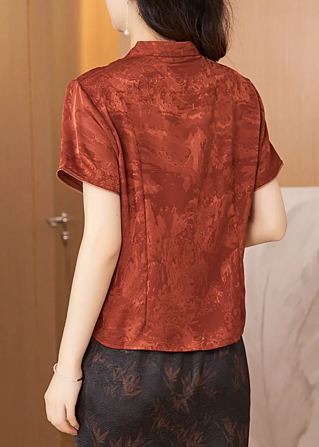 Summer New Brick Red V-Neck Print Silk Blouses