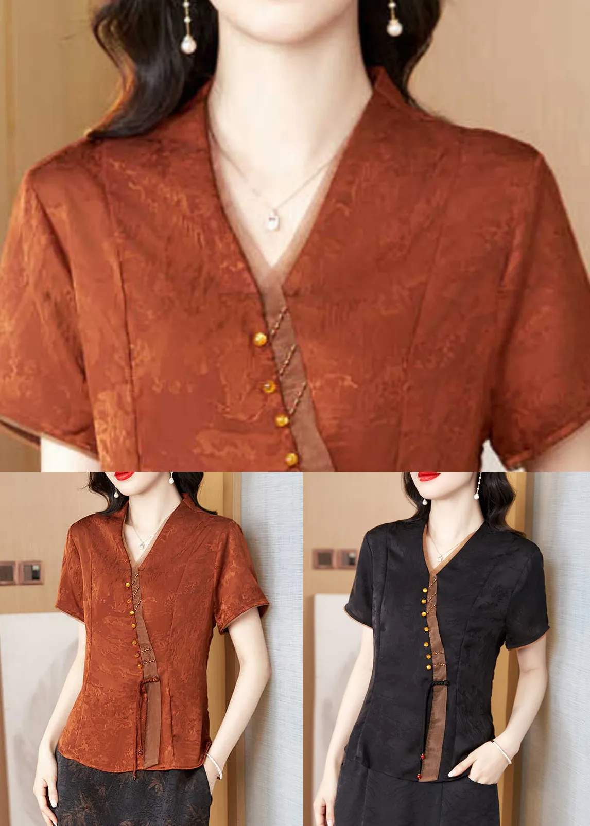 Summer New Brick Red V-Neck Print Silk Blouses