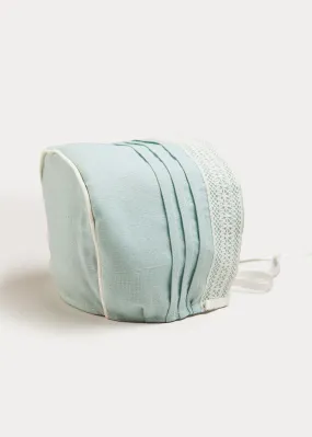 Teal Lace Trim Linen Bonnet