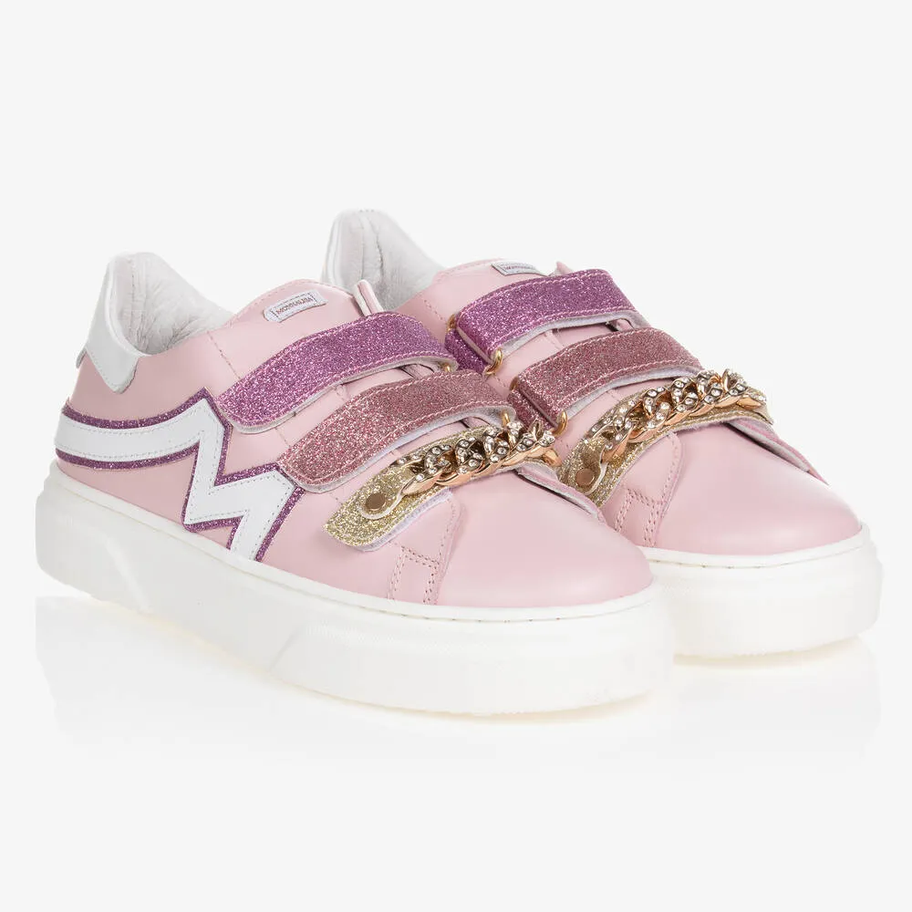 Teen Girls Pink Chain Detail Velcro Trainers