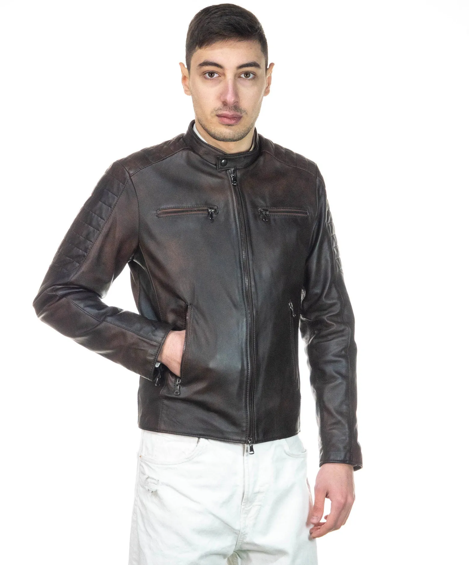 Brown Leather Biker Jacket U05