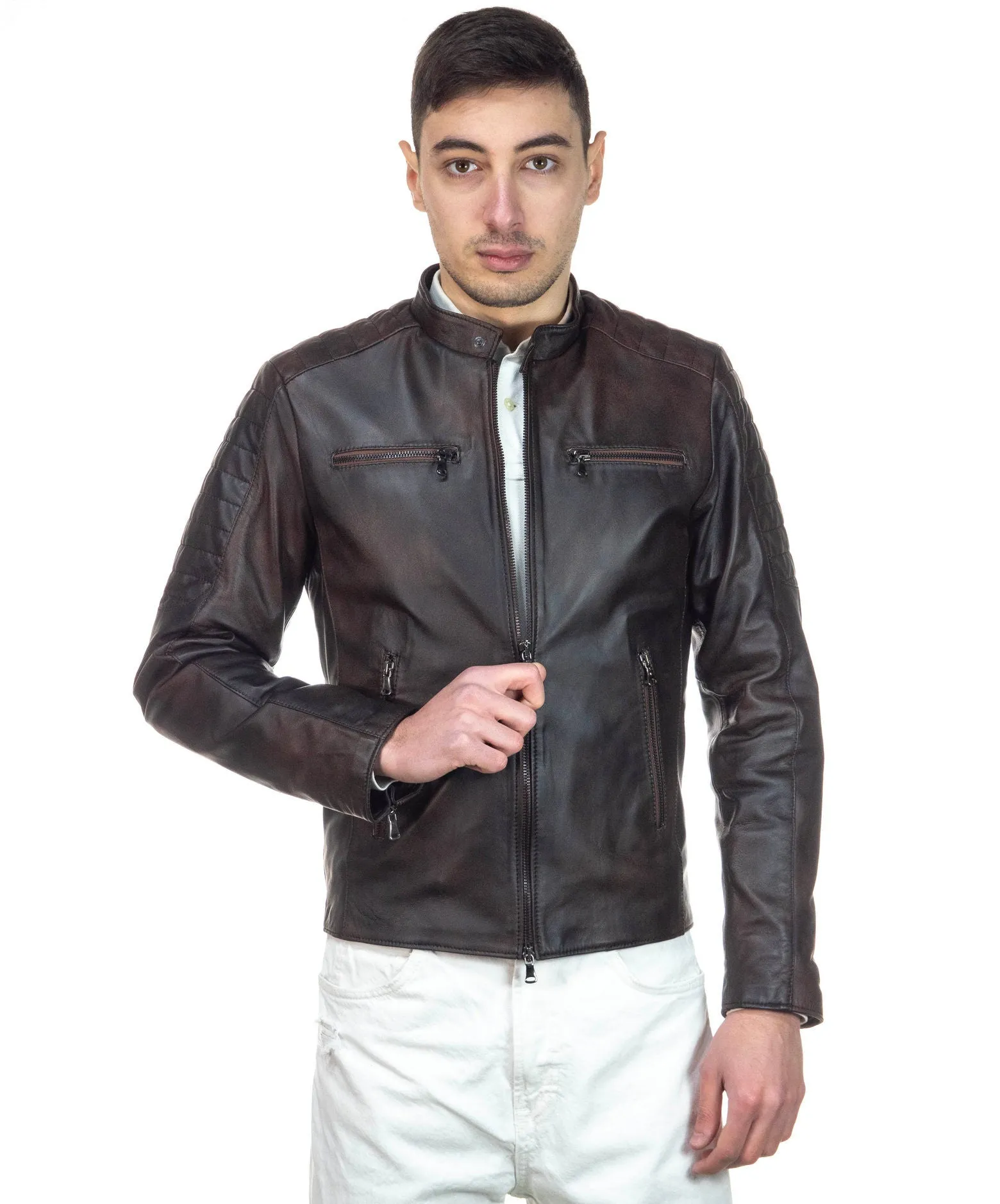 Brown Leather Biker Jacket U05