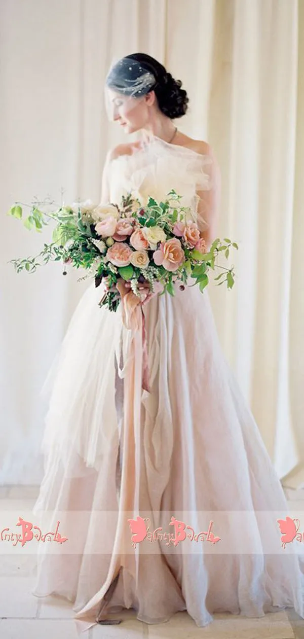 Unique Strapless Blush Pink Chiffon Beach Wedding Dress