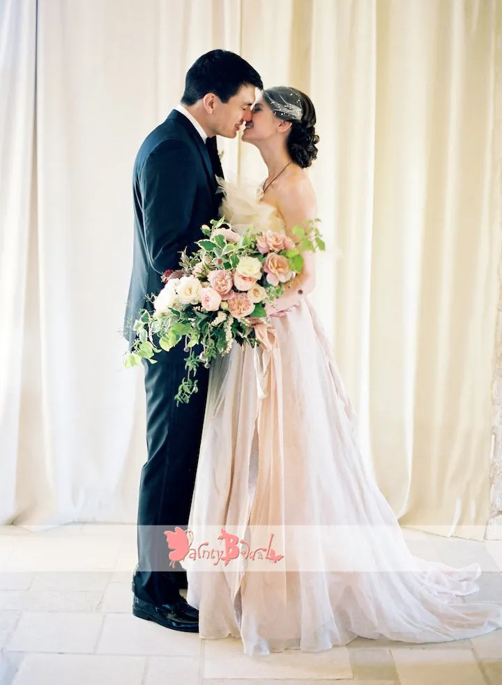 Unique Strapless Blush Pink Chiffon Beach Wedding Dress