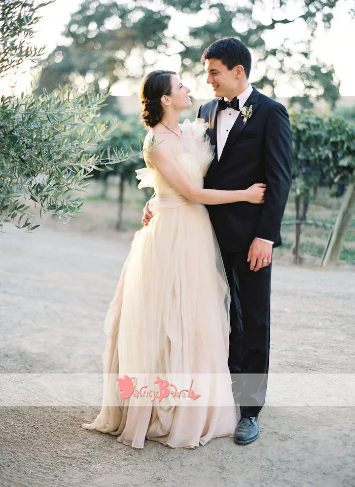 Unique Strapless Blush Pink Chiffon Beach Wedding Dress