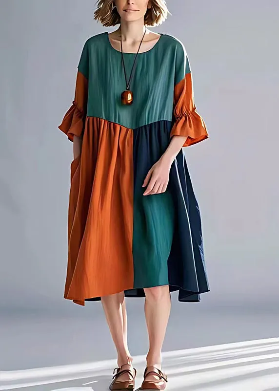 Oversized Summer Cotton Dress Green Orange Patchwork Unique Style