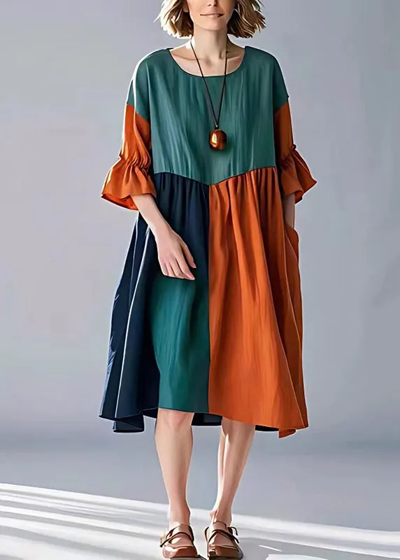 Oversized Summer Cotton Dress Green Orange Patchwork Unique Style