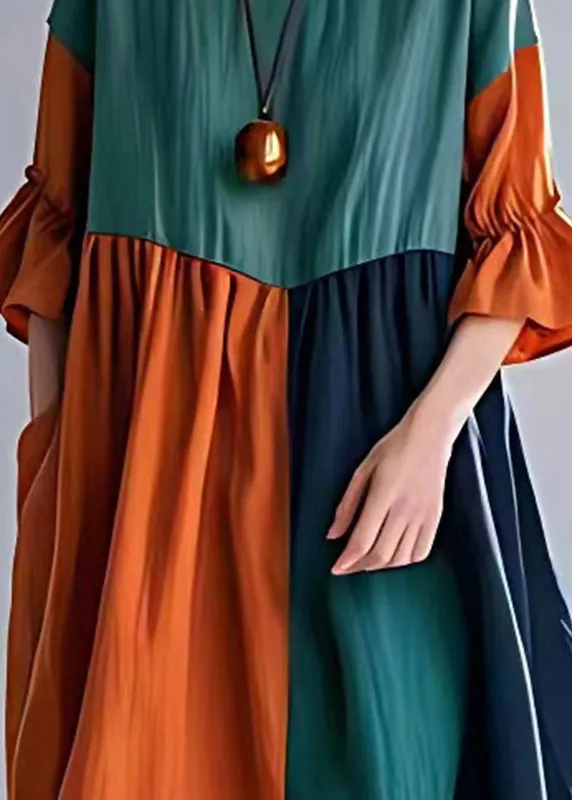 Oversized Summer Cotton Dress Green Orange Patchwork Unique Style