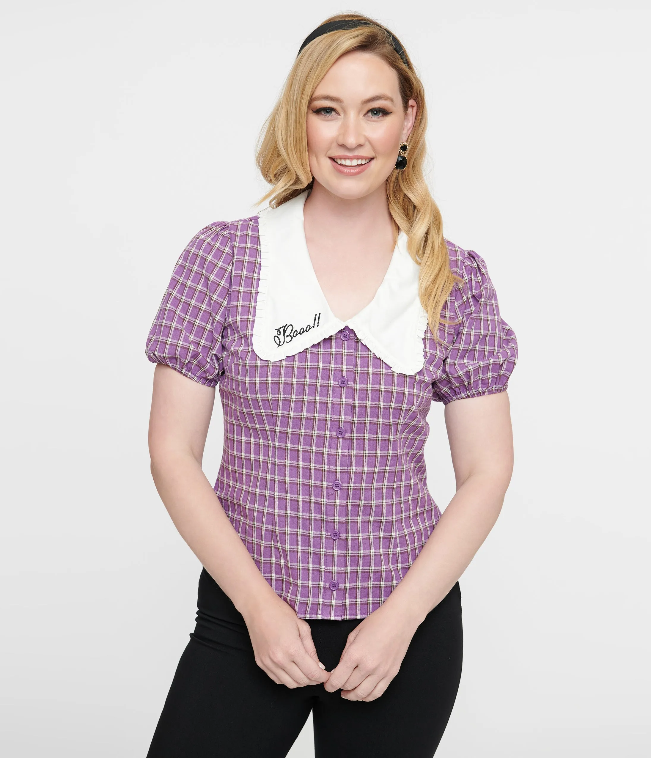 1930s Purple Plaid Oversized Collar Blouse