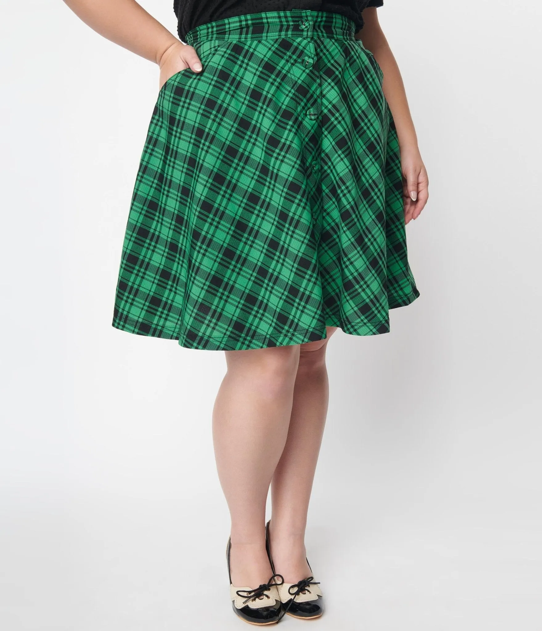 Vintage Green Black Plaid Swing Skirt