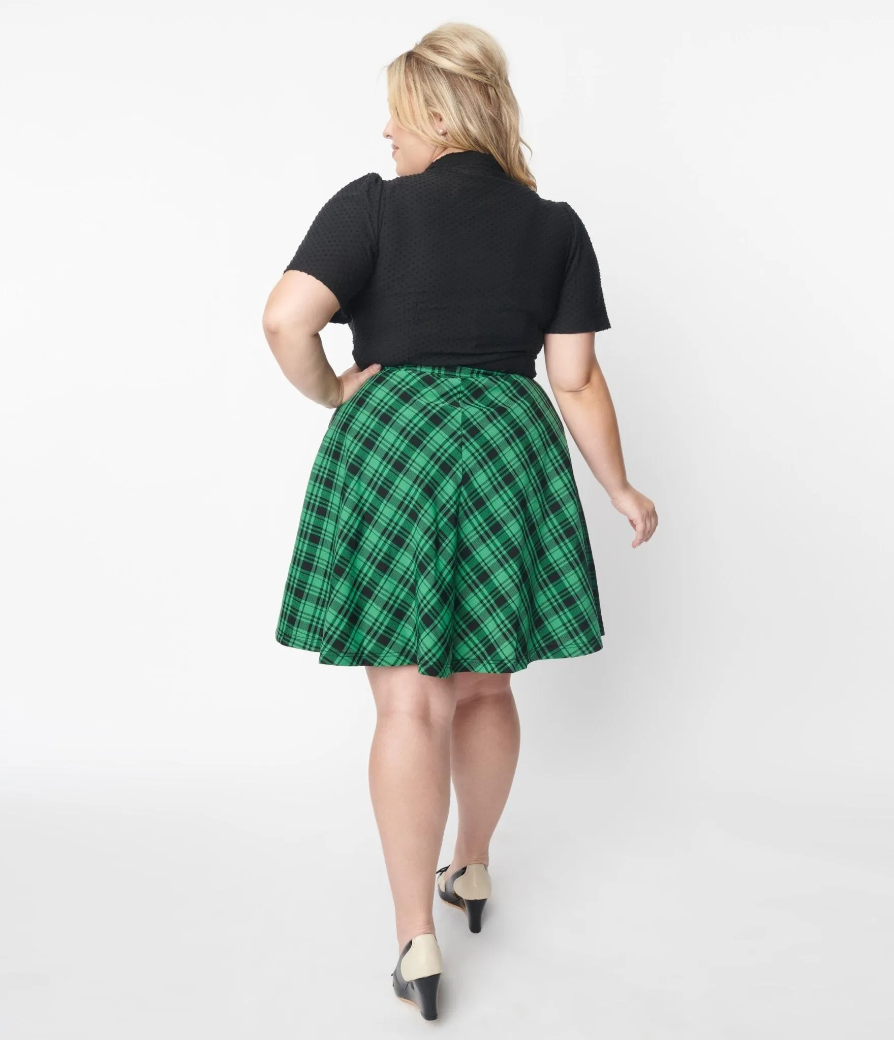 Vintage Green Black Plaid Swing Skirt