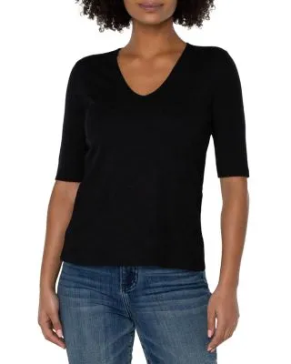 V Neck Elbow Sleeve Tee in Rib Knit