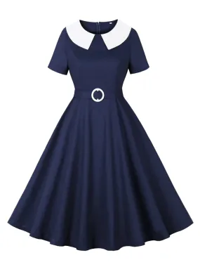 Vintage 50s Rockabilly Dress for Women Elegant Formal Cotton Dresses with Peter Pan Collar Short Sleeves Fall 2023