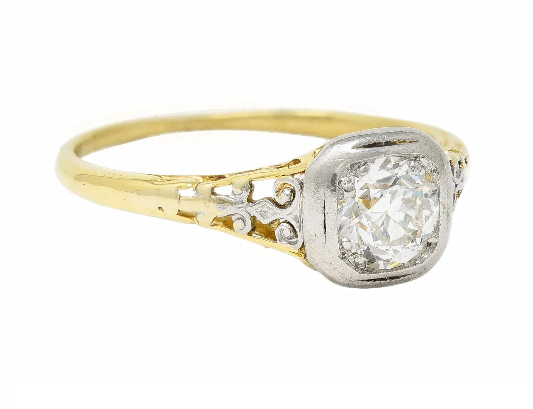 Platinum 18 Karat Yellow Gold Volute Vintage Engagement Ring