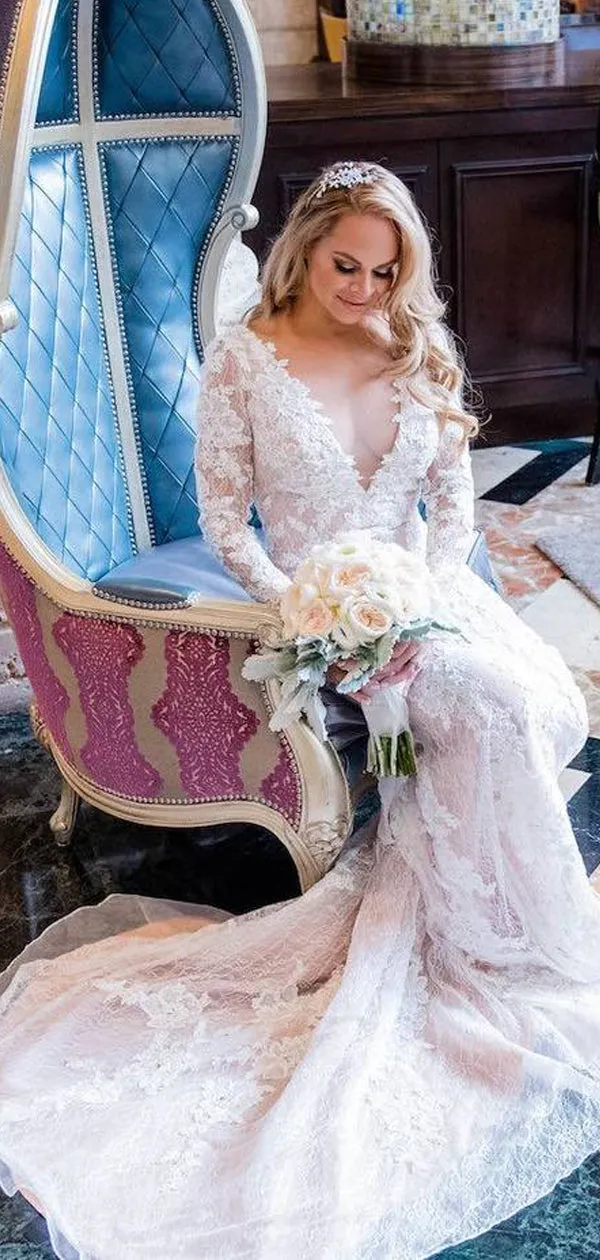 Vintage Nude Mermaid Wedding Dress with Lace Sleeves