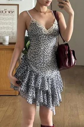 Vintage Leopard Mesh V Neck Dresses