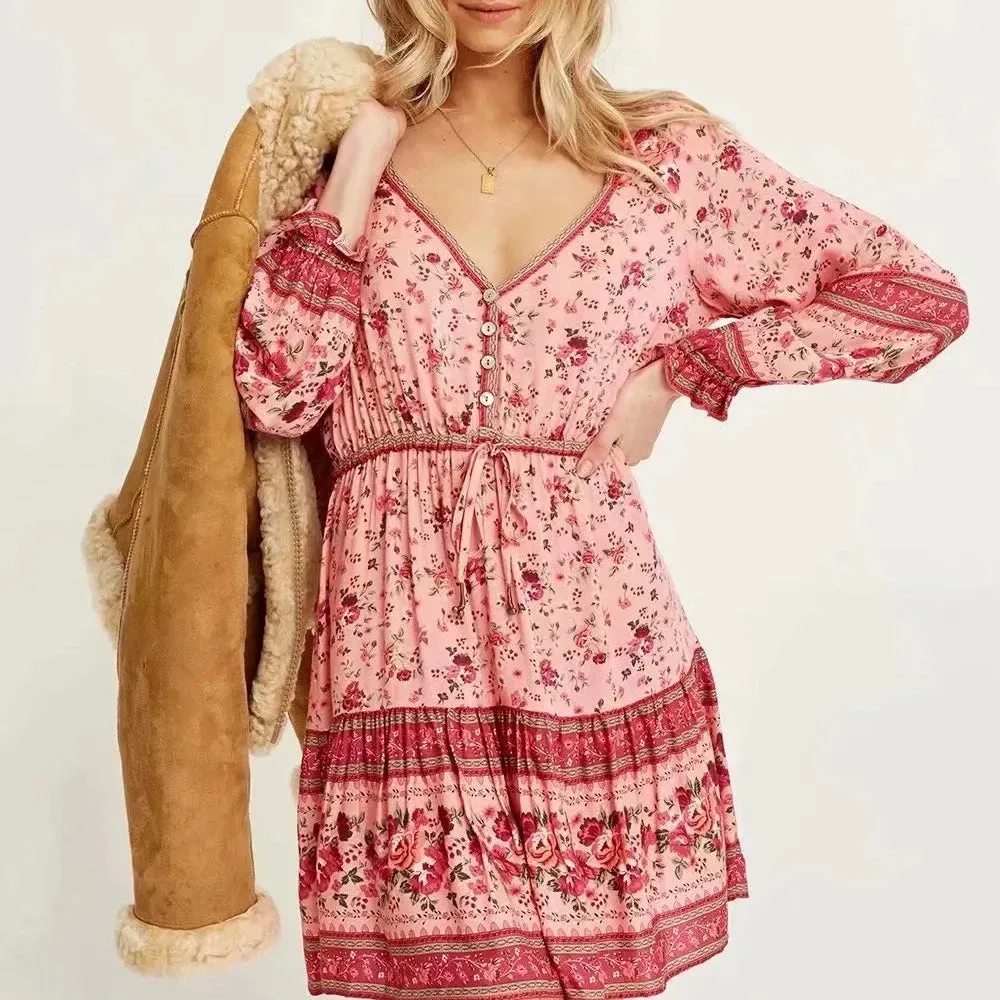 Boho Pink Floral Mini Dress