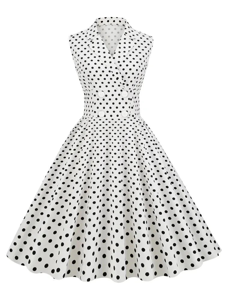 Vintage Rockabilly Midi Dress for Women Sleeveless Polka Dot Double Breasted White Cotton Dresses with Notched Collar