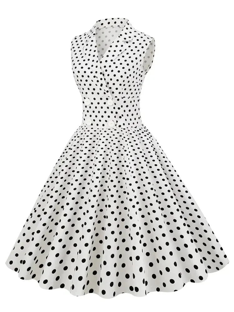 Vintage Rockabilly Midi Dress for Women Sleeveless Polka Dot Double Breasted White Cotton Dresses with Notched Collar