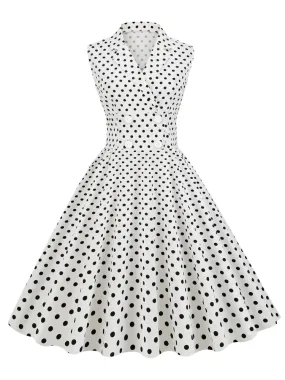 Vintage Rockabilly Midi Dress for Women Sleeveless Polka Dot Double Breasted White Cotton Dresses with Notched Collar